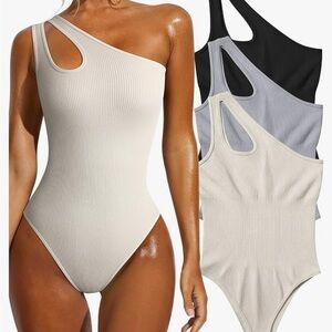 One-Shoulder Ribbed body suit in Neutral Tones